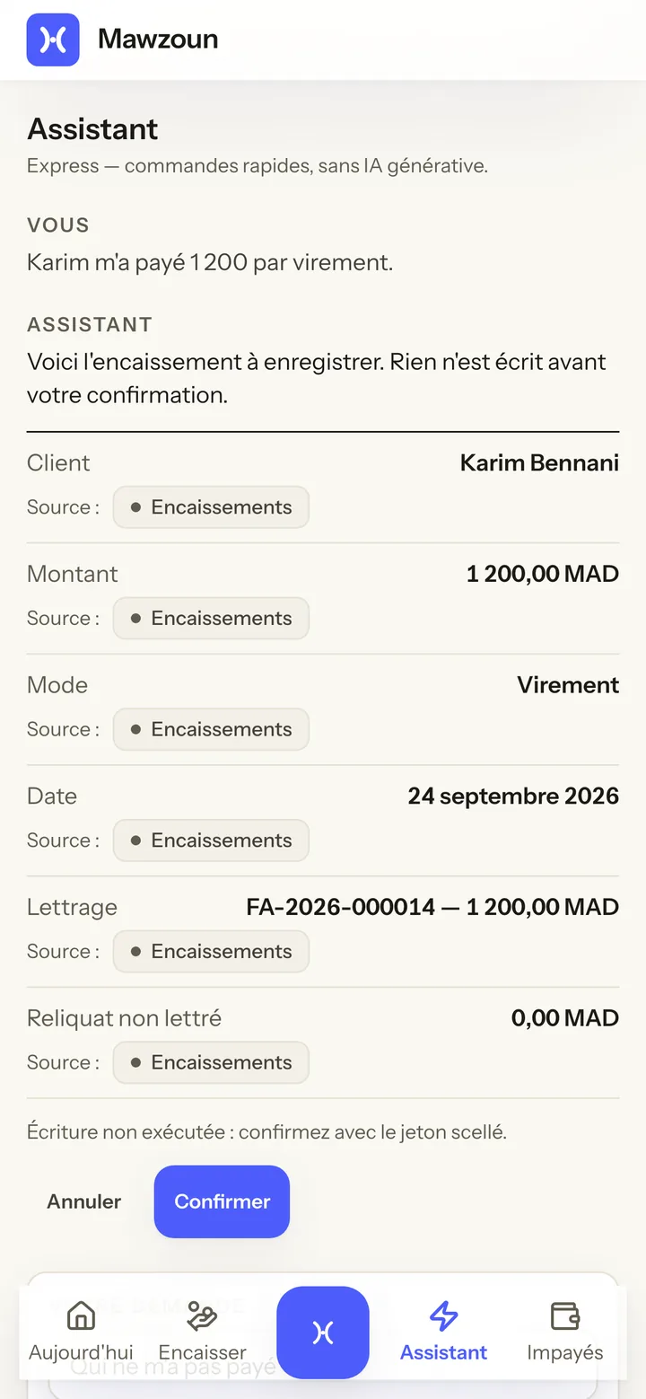 L'Assistant Express après « Karim m'a payé 1 200 par virement. » : l'encaissement proposé, lettré sur sa facture, avec « Rien n'est écrit avant votre confirmation » et les boutons Annuler et Confirmer.