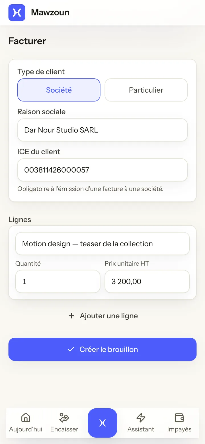 L'écran Facturer : le type de client, la raison sociale et son ICE, la prestation et son prix, avant la création du brouillon.