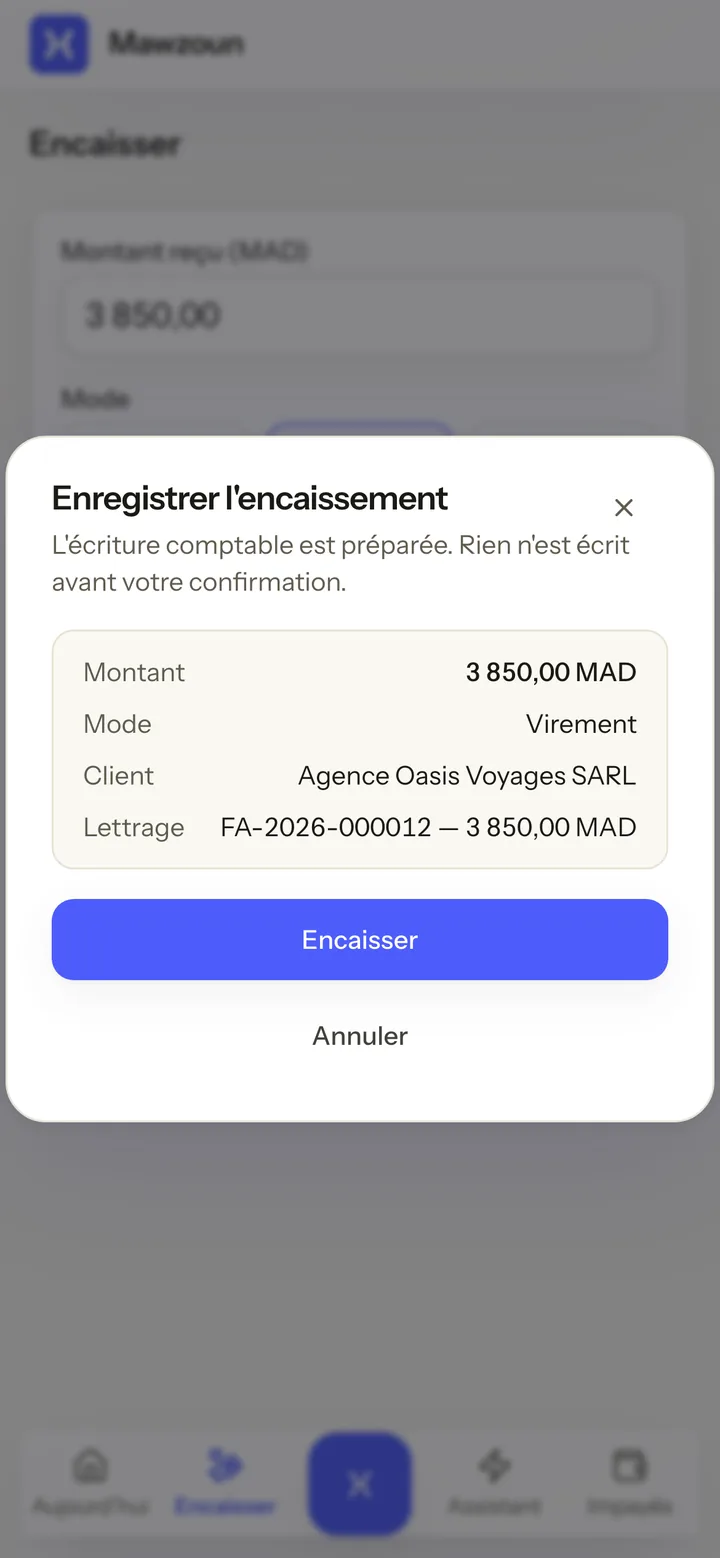 La vérification d'un encaissement par virement : le montant, le client et le lettrage automatique sur sa facture, avant confirmation.